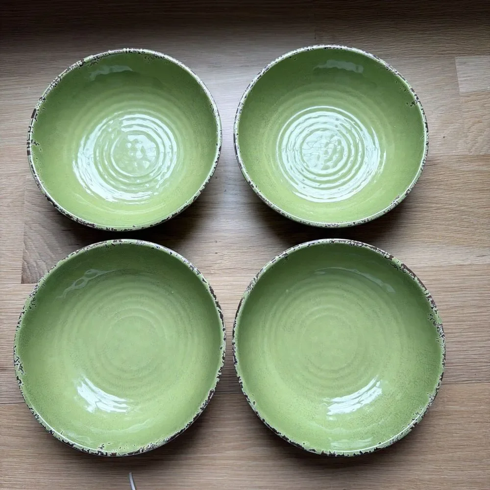 Set Of 4 Williams Sonoma 8” Green Crackle Rustic Melamine Bowls